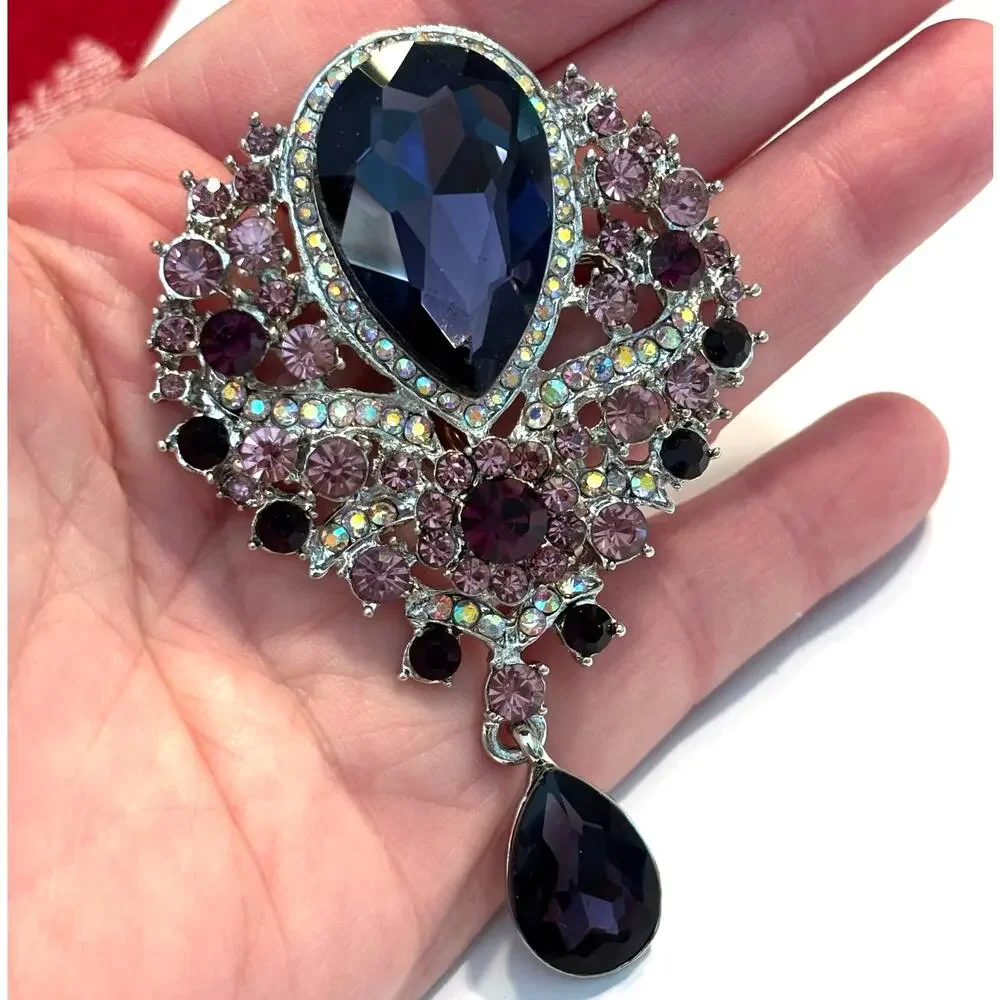 Vintage inspired brooch huge silver pink & purple rhinestones Victorian Empire